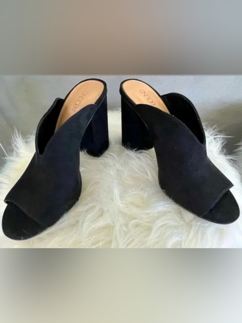Abound Black Block Heel Mules Size 7 Faux Suede Open Toe Slide Sandals